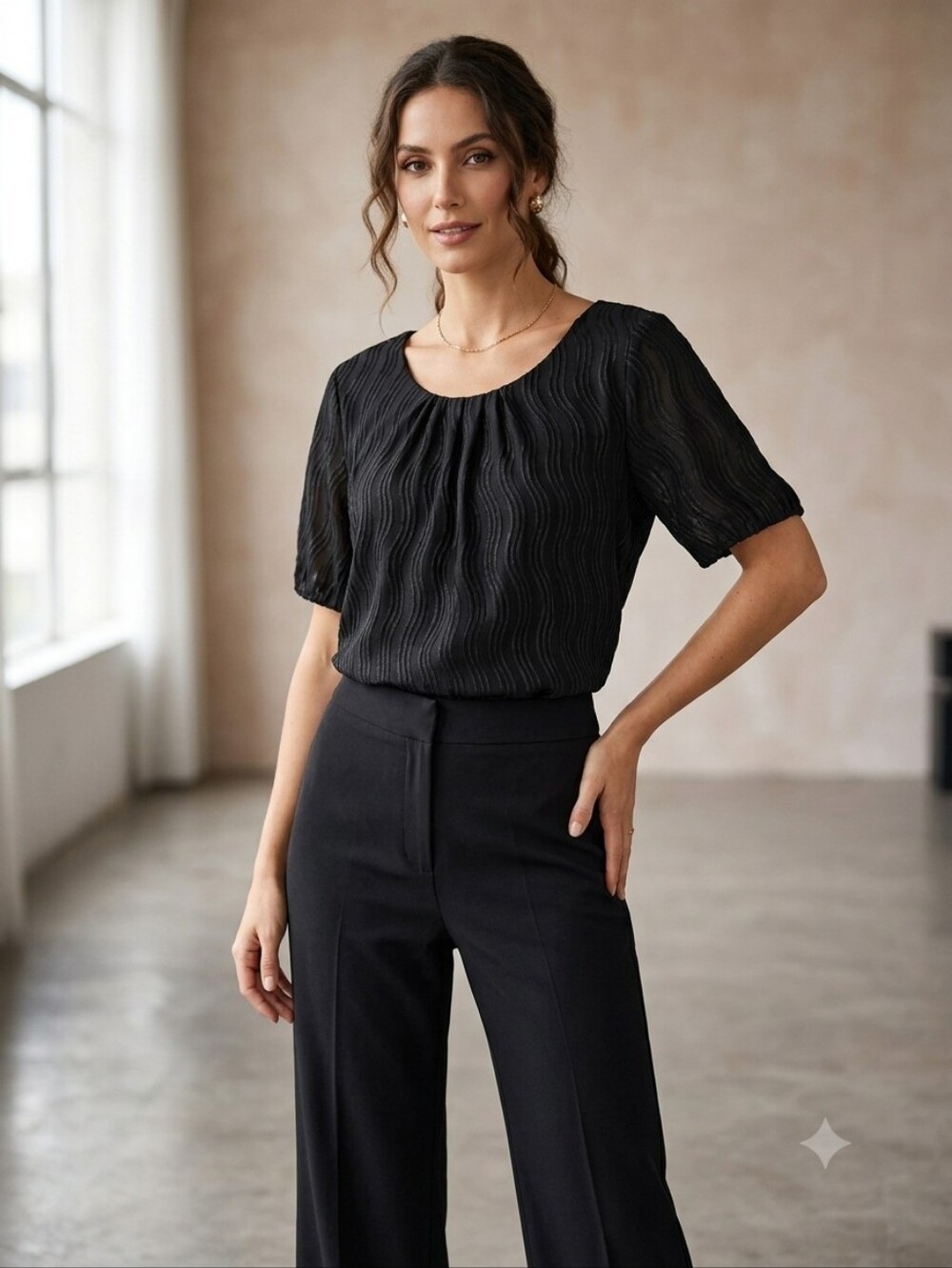 Sara Michelle Black Short-Sleeve Wave-Texture Blouse